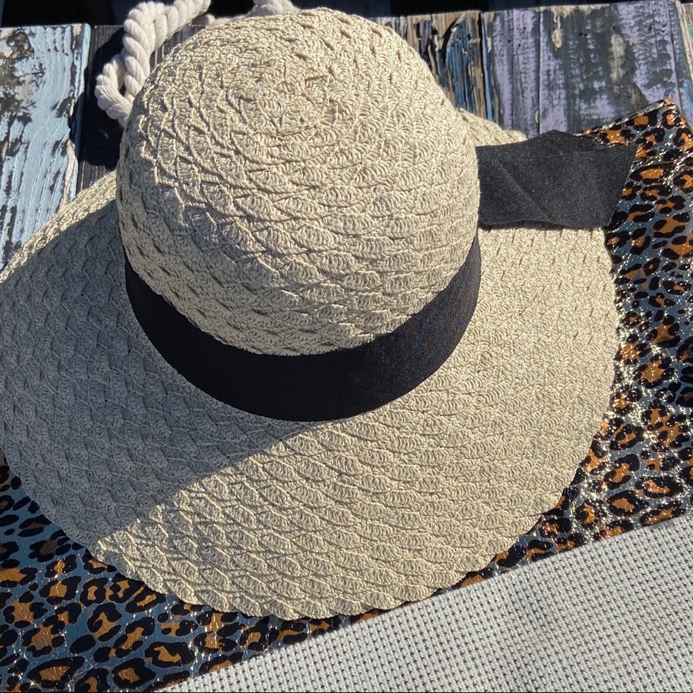 Wide Brim Floppy Beach Hat with Black Ribbon Trim - Picture 7 of 8